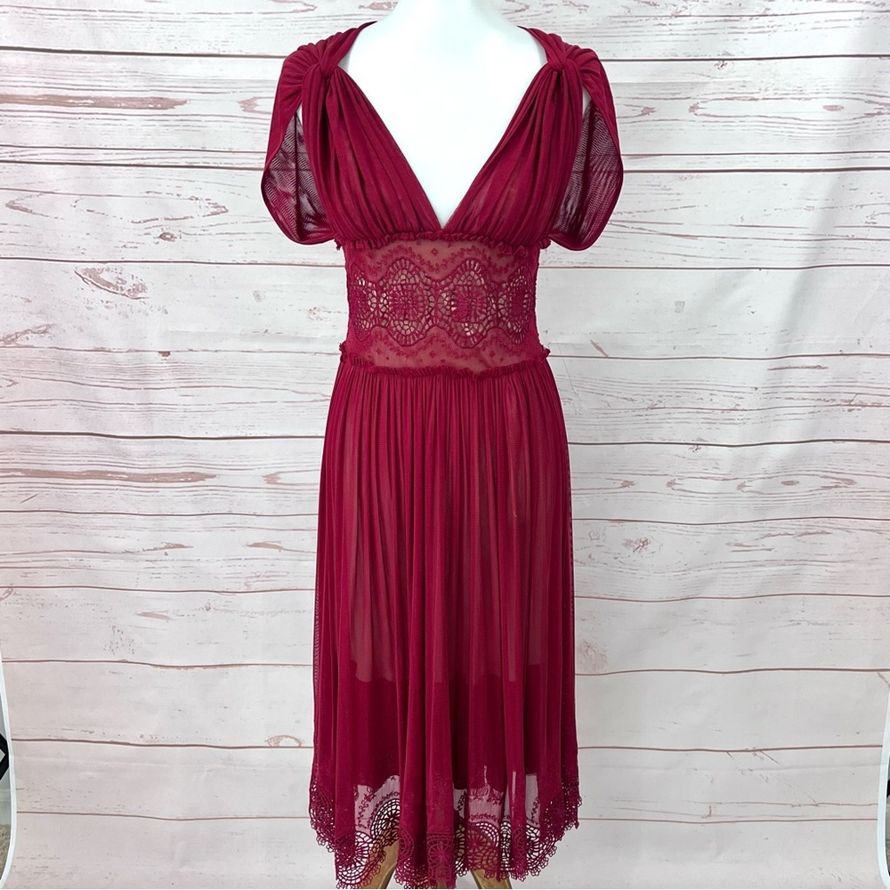 Vintage Y2k Max Studio Red Maiden Midi Dress Mesh Lace Boho Romantic Renaissance